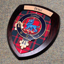 Bruce Clan Crest Wall Plaque featuring a handmade hardwood shield and authentic Scottish tartan, perfect for gifting or home decor.