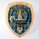 MacEwen Clan Crest Plaque featuring a handmade hardwood design and Scottish tartan, ideal for showcasing clan heritage.