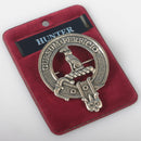 Hunter Clan Crest Badge in Pewter featured as a cap badge or brooch pin, highlighting the intricate design and traditional belted style representing clan heritage.