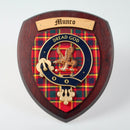 Munro Clan Crest Plaque showcasing authentic tartan and Scottish craftsmanship, handmade in Glasgow, perfect for displaying Scottish heritage.