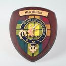 MacMillan Clan Crest Plaque showcasing a unique tartan design and hardwood shield, handmade in Glasgow, Scotland.
