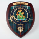 Mackenzie Clan Crest Plaque, handmade in Glasgow, Scotland, featuring authentic tartan and hardwood design, perfect for gifting or home decor.