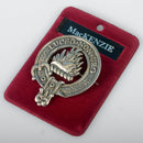 MacKenzie Clan Crest Badge in Pewter showcasing the traditional belted design, perfect for everyday wear or clan gatherings, measuring approximately 2" x 2.5".