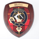 Handmade Wallace Clan Crest Wall Plaque with hardwood shield and tartan, showcasing authentic Scottish craftsmanship.