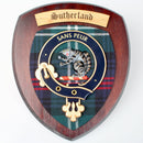 Sutherland Clan Crest Wall Plaque handcrafted in Glasgow, Scotland, showcasing a beautifully detailed hardwood shield with tartan, perfect for adding a Scottish touch to your home decor.