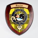 Barclay Clan Crest Wall Plaque, handcrafted in Glasgow, Scotland, featuring the clan crest on a hardwood shield with tartan background, ideal for gifting or home decor.