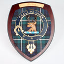 Forbes Clan Crest Wall Plaque, a handmade product from Glasgow, Scotland featuring a hardwood shield and beautiful tartan, perfect as a unique gift.