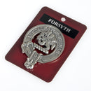 Forsyth Clan Crest Badge in Pewter displayed as a cap badge, featuring the traditional belted design representing clan heritage.
