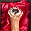 Close-up of the Logan Clan Crest Stag Horn Sgian Dubh showing the intricate pewter clan crest and unique stag horn effect on the handle.