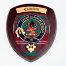 Crawford Clan Crest Plaque - Handmade in Glasgow, Scotland, featuring a beautiful hardwood shield and authentic tartan design.