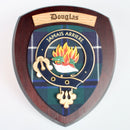 Douglas Clan Crest Wall Plaque, handmade in Glasgow, Scotland, featuring a hardwood shield and unique clan tartan design.