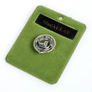 MacAulay Clan Crest Small Pewter Pin Badge showcasing intricate design and antique palladium finish, perfect for displaying Scottish heritage.