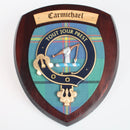 Carmichael Clan Crest Plaque showcasing a handmade hardwood shield and traditional tartan crafted in Glasgow, Scotland.