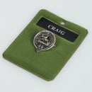 Craig Clan Crest Small Pewter Pin Badge showcasing Scottish heritage in a stylish design.
