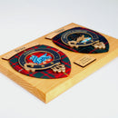 Double Clan Wall Plaque showcasing a handmade Scottish crest on a hardwood shield, designed with traditional tartan patterns.