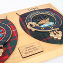 Close-up of the Double Clan Wall Plaque, highlighting the intricate details of its handmade craftsmanship and authentic Scottish tartan design.