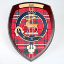 Scott Clan Crest Wall Plaque, handmade in Glasgow, Scotland, showcasing a wooden shield with clan tartan, perfect for gifting or decor.