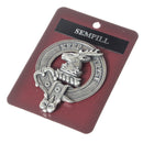 Sempill Clan Crest Badge in Pewter designed for everyday wear and clan gatherings, featuring a traditional belted design, 2" x 2.5" size, and a locking safety pin for durability.