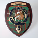MacKinnon Clan Crest Plaque, a handmade wooden wall ornament featuring the clan crest and tartan, perfect for Scottish heritage enthusiasts.