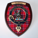 MacGillivray Clan Crest Wall Plaque, handmade wall decor from Glasgow, Scotland, featuring a hardwood shield and authentic tartan design, perfect as a unique gift.