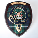 Graham Clan Crest Wall Plaque, handmade in Glasgow, Scotland, featuring a hardwood shield and traditional tartan design, perfect for gifting or home decor.