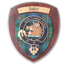 Bailey Clan Crest Wall Plaque showcasing a handmade wooden design with tartan, perfect for Scottish heritage enthusiasts.