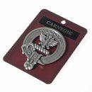 Carnegie Clan Crest Badge in Pewter, a detailed view of the traditional belted design showcasing clan heritage, perfect for everyday wear or clan gatherings.