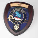Weir Clan Crest Wall Plaque, handmade in Glasgow, Scotland, featuring a beautiful hardwood shield and clan tartan, perfect for showcasing Scottish heritage.