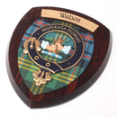 Handmade Watson Clan Crest Wall Plaque featuring a hardwood shield and authentic tartan, crafted in Glasgow, Scotland.
