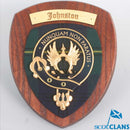 Close-up of the Johnstone Clan Crest Plaque, highlighting the handmade craftsmanship and unique tartan patterns.
