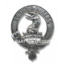 MacNicol Clan Crest Badge in Pewter, featuring a traditional design and a locking safety pin, perfect for cap or brooch use.