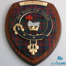 MacDonald Clan Crest Plaque handcrafted in Glasgow, Scotland, showcasing a detailed design with hardwood shield and clan tartan, ideal as a unique Scottish gift.