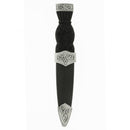 Celtic Plain Top Sgian Dubh with antique style pewter mounts and black simulated handle against a white background.