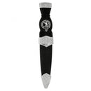 Elegant presentation of the Celtic Plain Top Clan Crest Sgian Dubh, showcasing its intricate design with Clan Crest Badge and historical notes.