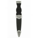 Thistle Plain Top Sgian Dubh featuring a black simulated handle and sheath, complete with full cast Pewter Mounts and a stainless steel blade, perfect for collectors or enthusiasts of Scottish heritage.