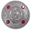 MacLea Clan Crest Pewter Plaid Brooch featuring a Celtic design with four colored stones, made from high-quality pewter, perfect for displaying your Scottish heritage.