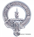 Charteris Clan Crest Badge in Pewter displayed on a textured background, showcasing the traditional belted design symbolizing clan heritage.