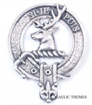 Close-up of the Colquhoun Clan Crest Badge in Pewter, showcasing detailed craftsmanship and the iconic belted clan design.