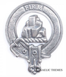 Dalrymple Clan Crest Badge in Pewter, showcasing a traditional belted design, ideal for cap or brooch wear, perfect for clan gatherings.