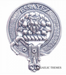 Close-up of the Dundas Clan Crest Badge in Pewter featuring the intricate details of the crest and the strong safety pin design for secure fastening.
