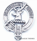 Forbes Clan Crest Badge in Pewter displayed on a wooden surface, showcasing its intricate belted design and detailed craftsmanship, perfect for everyday wear or clan gatherings.