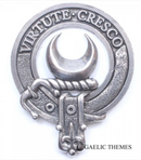 Leask Clan Crest Badge in Pewter showing intricate detailing and traditional belted design for cap or brooch wear.
