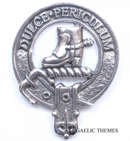 MacAulay Clan Crest Badge in Pewter showcasing a traditional design with a strong safety pin for everyday wear and clan gatherings.