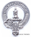 Close-up of the MacDowal Clan Crest Badge in Pewter, showcasing the traditional belted design and strong safety pin for everyday wear.