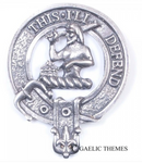 MacFarlane Clan Crest Badge in Pewter displayed on a soft fabric background, showcasing its detailed belted design and traditional locking pin feature, perfect for everyday wear or clan gatherings.