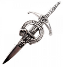 Clan Crest Pewter Kilt Pin featuring Dunlop Crest, crafted in Scotland with antique palladium finish, perfect for kilt enthusiasts.