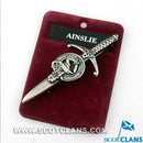 Clan Crest Pewter Kilt Pin featuring Ainslie Crest, handcrafted in Scotland with traditional antique palladium finish.