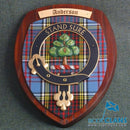 Detailed view of the handcrafted Anderson Clan Crest Plaque showcasing vibrant tartan patterns, a perfect gift for clan pride.