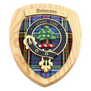 Anderson Clan Crest Plaque beautifully crafted in Glasgow, Scotland, featuring a hardwood shield and unique tartan design.