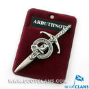 Clan Crest Pewter Kilt Pin featuring the Arbuthnot Crest, handcrafted in Scotland with an antique palladium finish, ideal for adding character to traditional Scottish attire.